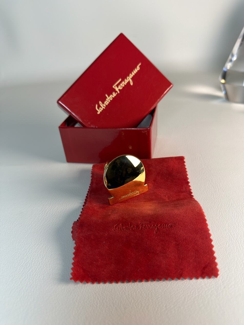 Authentic Salvatore Ferragamo Vara Logo Scarf Ring Gold Plated W/ Box Italy